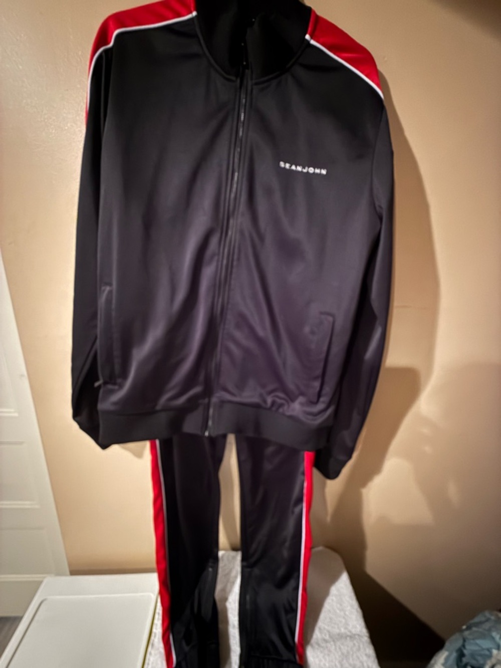 Sean John Colorblock Tracksuit Black Red White L 2 Piece‎ Polyester Jacket Pants